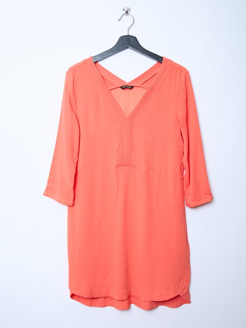 Massimo Dutti Pleated V-Neck Tunic Blouse Shift Dress 3/4 Sleeve Coral 10 Large